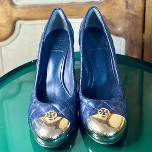 Tory Burch Kaitlyn Navy Quilted Leather Wedges